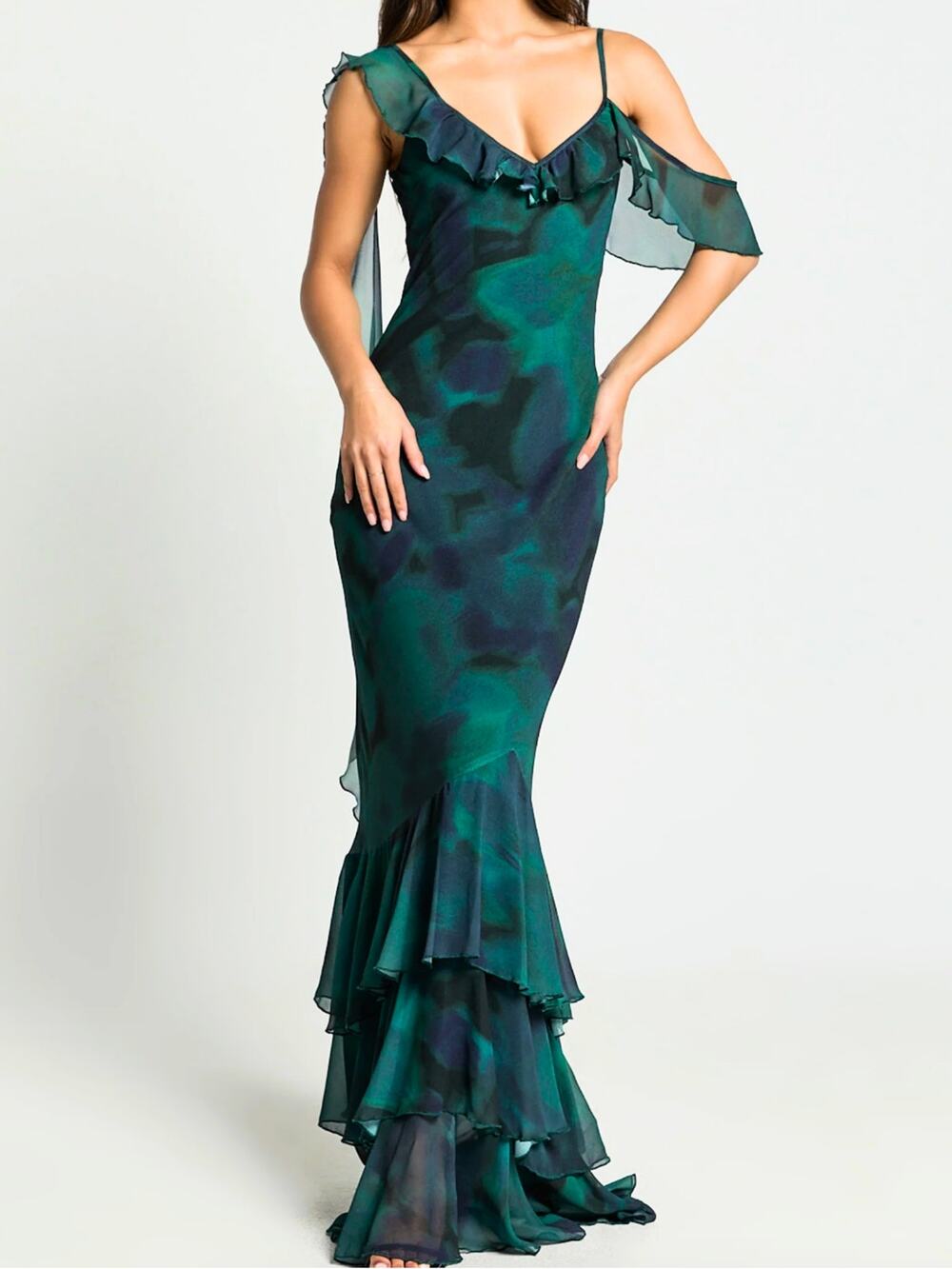 Showpo Green Formal Maxi Dress Evening Gown Size 4 Asymmetrical Ruffle Tiered
